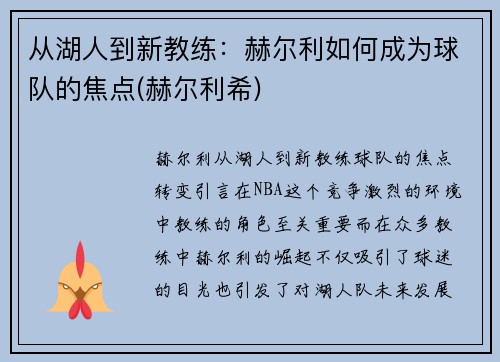 从湖人到新教练：赫尔利如何成为球队的焦点(赫尔利希)