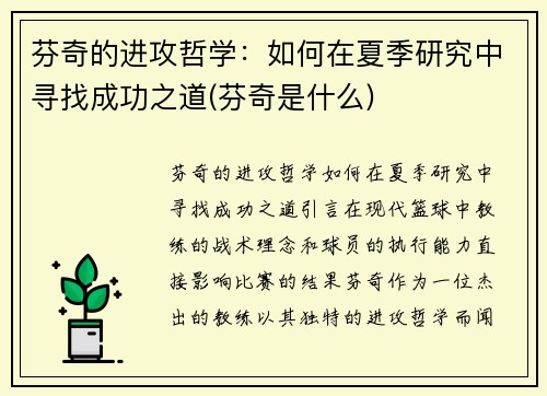 芬奇的进攻哲学：如何在夏季研究中寻找成功之道(芬奇是什么)