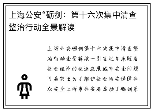 上海公安“砺剑：第十六次集中清查整治行动全景解读