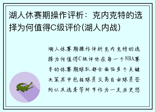 湖人休赛期操作评析：克内克特的选择为何值得C级评价(湖人内战)