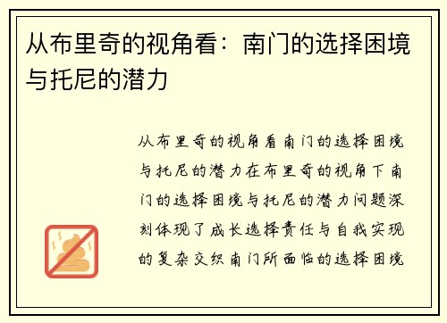 从布里奇的视角看：南门的选择困境与托尼的潜力