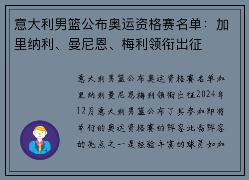 意大利男篮公布奥运资格赛名单：加里纳利、曼尼恩、梅利领衔出征