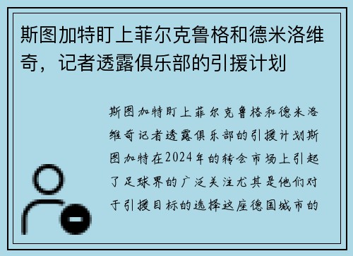 斯图加特盯上菲尔克鲁格和德米洛维奇，记者透露俱乐部的引援计划