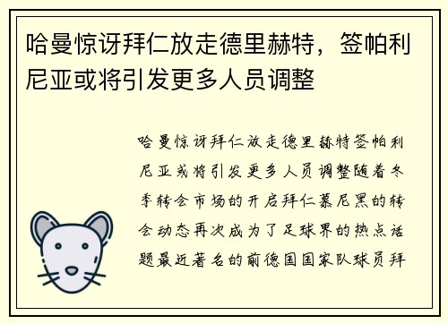 哈曼惊讶拜仁放走德里赫特，签帕利尼亚或将引发更多人员调整
