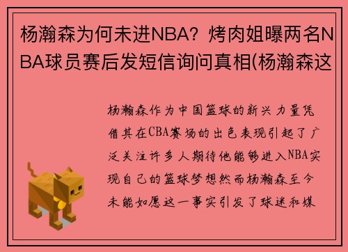 杨瀚森为何未进NBA？烤肉姐曝两名NBA球员赛后发短信询问真相(杨瀚森这个名字怎么样)