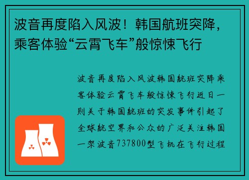 波音再度陷入风波！韩国航班突降，乘客体验“云霄飞车”般惊悚飞行