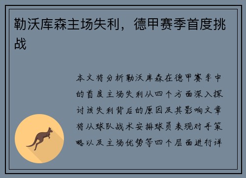 勒沃库森主场失利，德甲赛季首度挑战