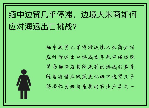 缅中边贸几乎停滞，边境大米商如何应对海运出口挑战？