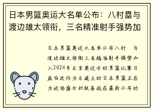 日本男篮奥运大名单公布：八村塁与渡边雄太领衔，三名精准射手强势加入
