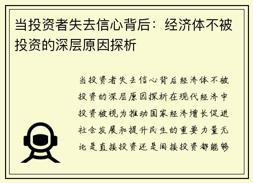 当投资者失去信心背后：经济体不被投资的深层原因探析