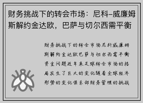 财务挑战下的转会市场：尼科-威廉姆斯解约金达欧，巴萨与切尔西需平衡资金问题