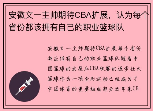 安徽文一主帅期待CBA扩展，认为每个省份都该拥有自己的职业篮球队
