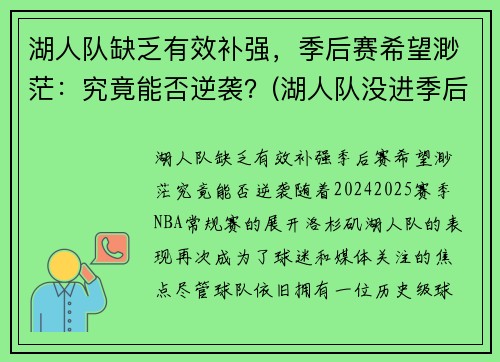 湖人队缺乏有效补强，季后赛希望渺茫：究竟能否逆袭？(湖人队没进季后赛)