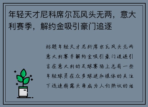 年轻天才尼科席尔瓦风头无两，意大利赛季，解约金吸引豪门追逐