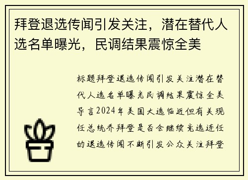 拜登退选传闻引发关注，潜在替代人选名单曝光，民调结果震惊全美