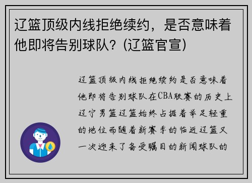 辽篮顶级内线拒绝续约，是否意味着他即将告别球队？(辽篮官宣)